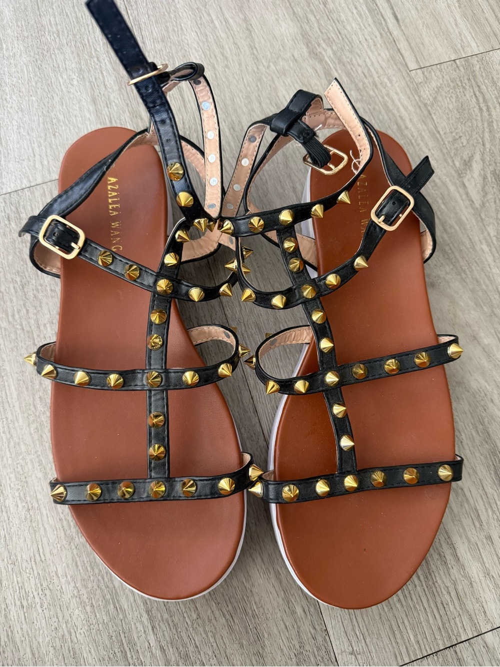 Black Studded T-Strap Sandals with Gold Accents - Women
